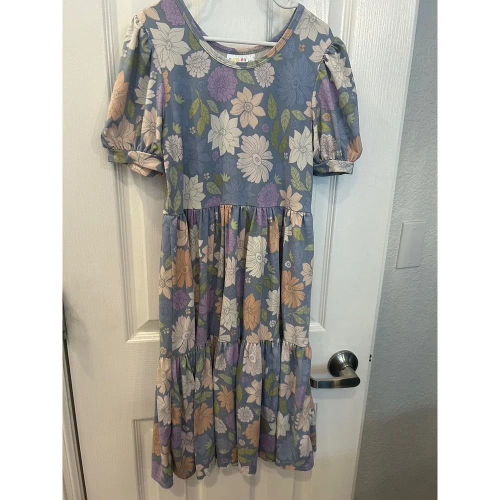 Dot Dot Smile Girls Floral Tiered Knit Dress Blue‎ Purple Puff Sleeve 8/10 k7099